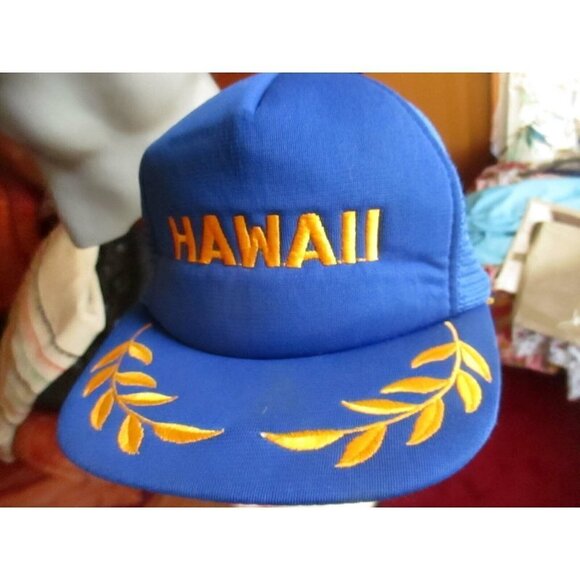 Mesh trucker Skater Cap  NEW True Vtg 80s EMBROIDERED GOLD/BLUE HAWAII OSFA - Picture 2 of 5